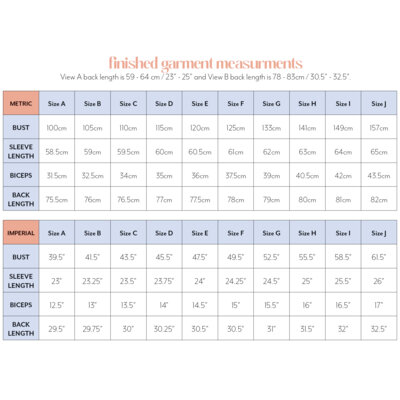 Maattabel gereed product